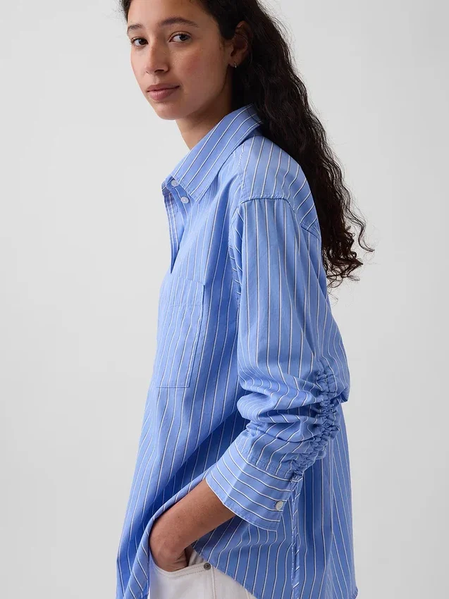 Chemise oversize en popeline de coton bio à manches froncées