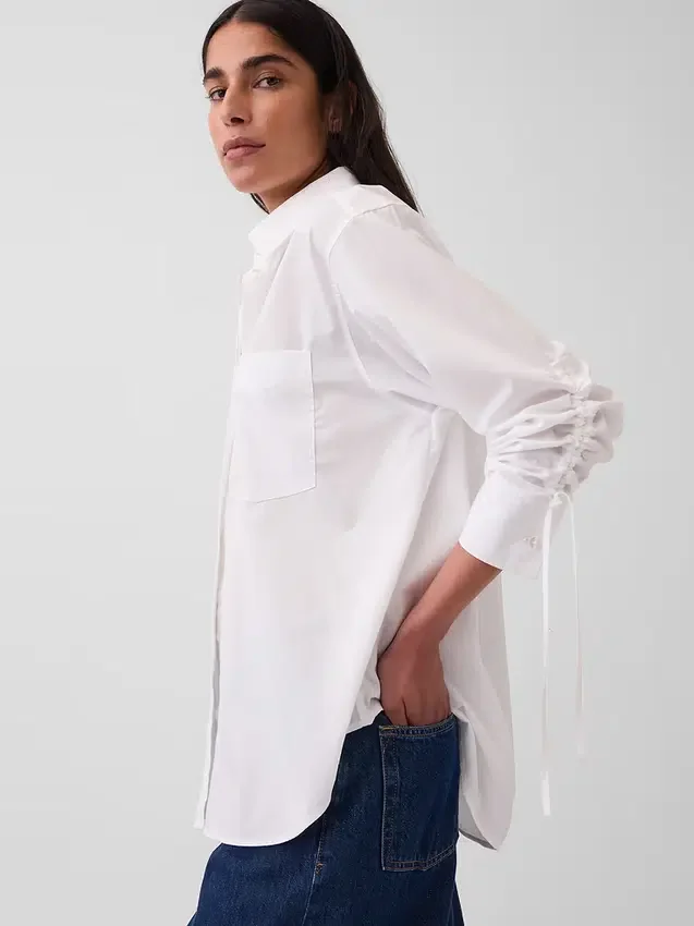Chemise oversize en popeline de coton bio à manches froncées