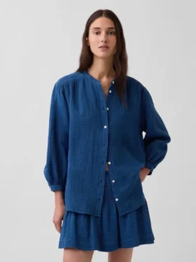 Chemise oversize sans col en denim de gaze de coton