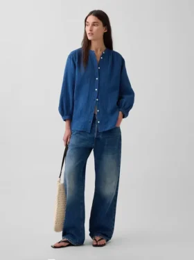 Chemise oversize sans col en denim de gaze de coton