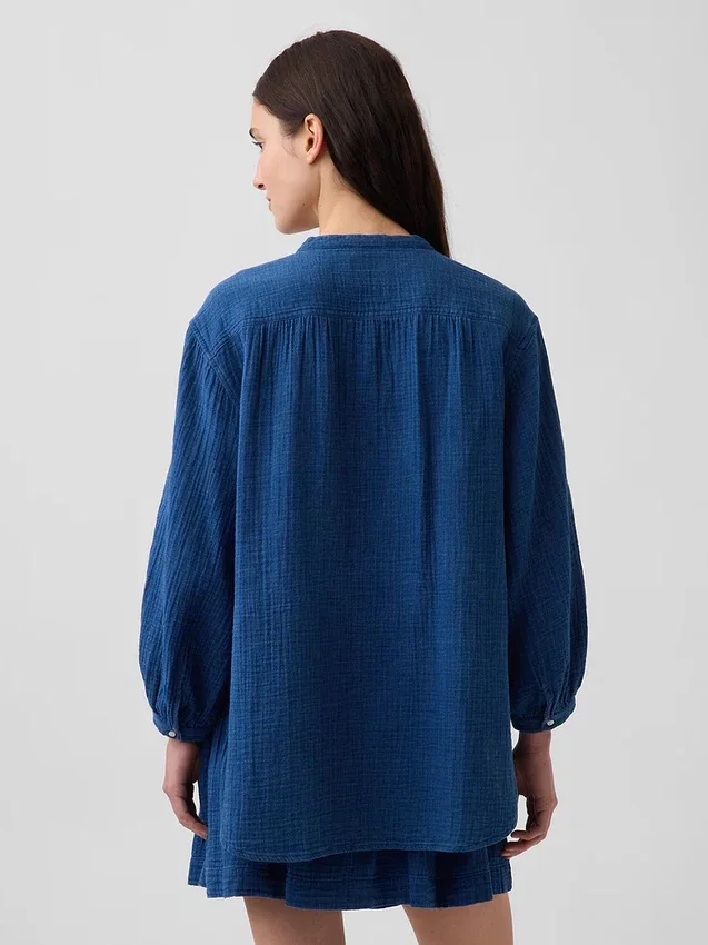 Chemise oversize sans col en denim de gaze de coton