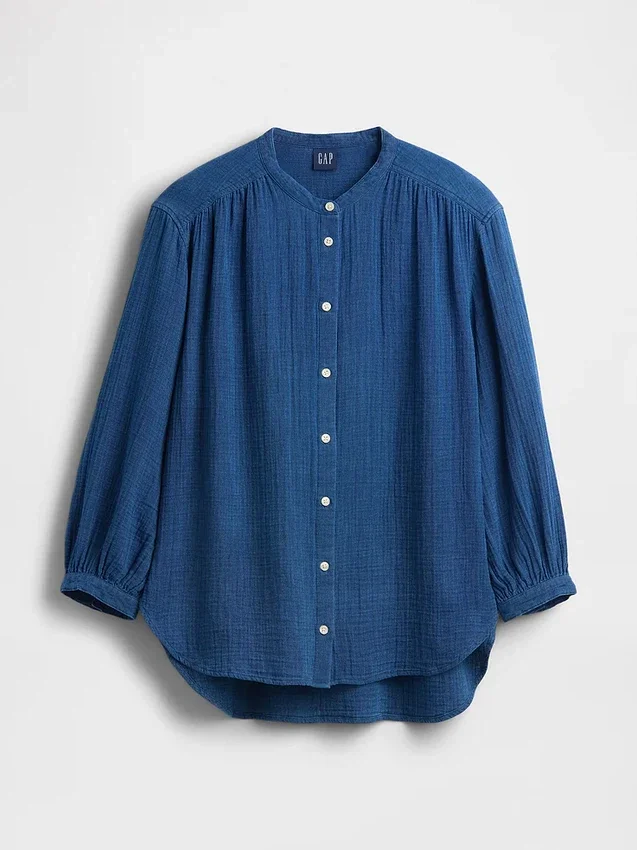 Chemise oversize sans col en denim de gaze de coton