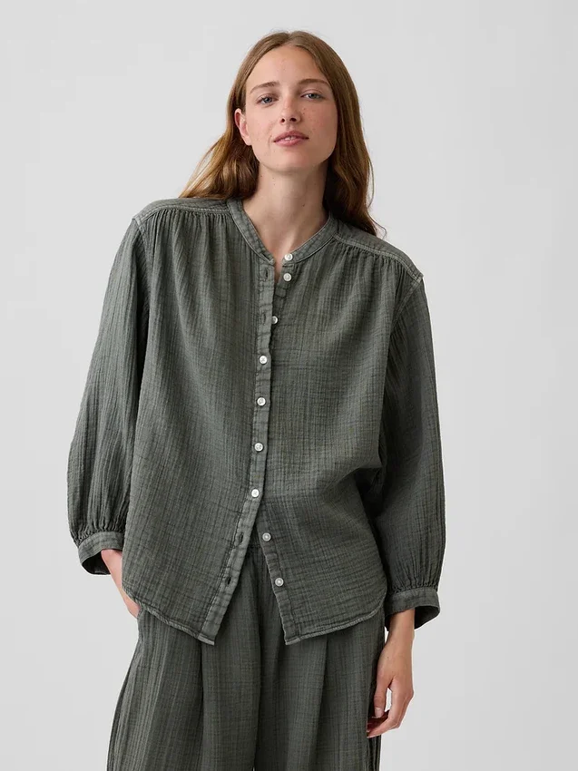 Chemise oversize sans col en gaze de coton