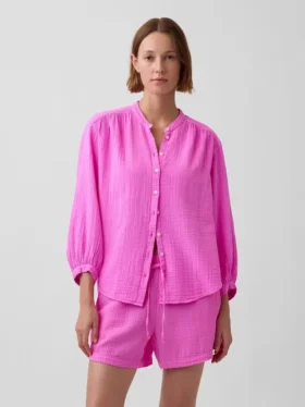 Chemise oversize sans col en gaze de coton
