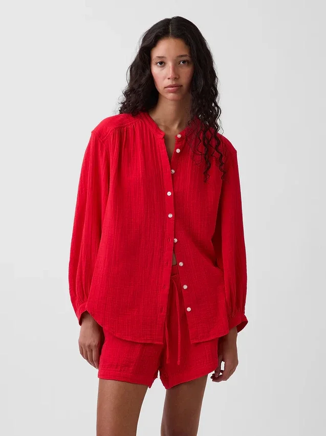 Chemise oversize sans col en gaze de coton