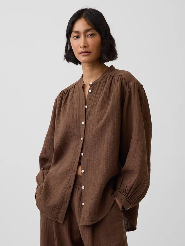 Chemise oversize sans col en gaze de coton