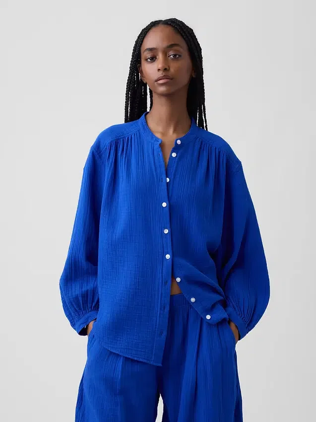 Chemise oversize sans col en gaze de coton