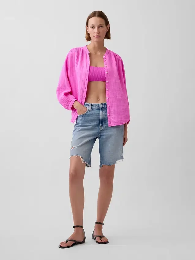 Chemise oversize sans col en gaze de coton