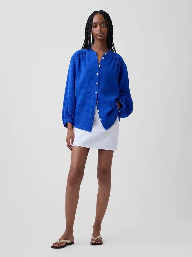 Chemise oversize sans col en gaze de coton