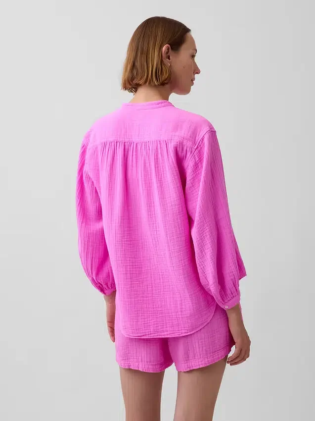 Chemise oversize sans col en gaze de coton