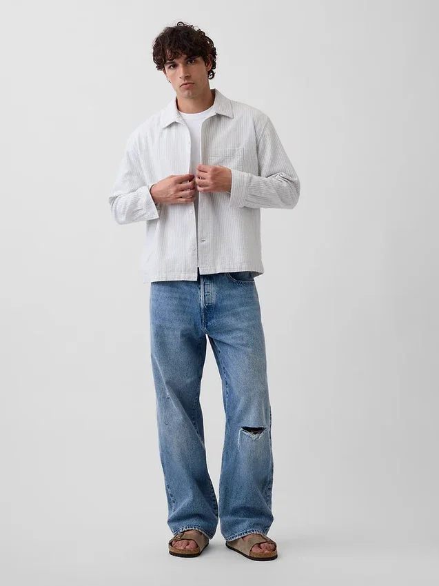 Chemise à rayures Dobby, coupe décontractée et ourlet droit
