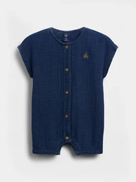 Combinaison courte en denim et gaze de coton pour bébé