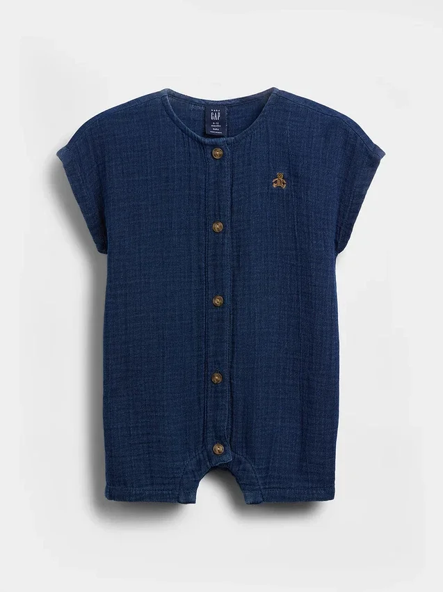Combinaison courte en denim et gaze de coton pour bébé