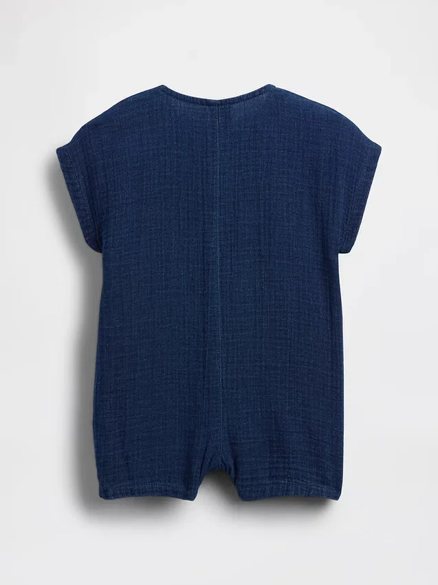 Combinaison courte en denim et gaze de coton pour bébé