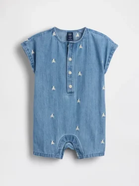 Combinaison courte en denim pour bébé avec ours Brannan brodé