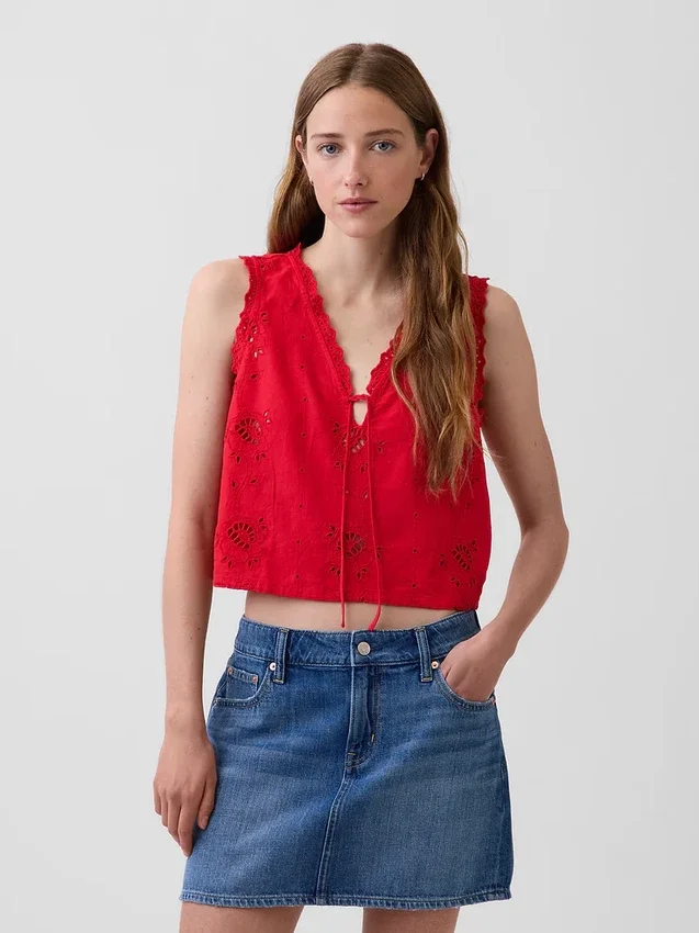 Débardeur court brodé en mélange de lin