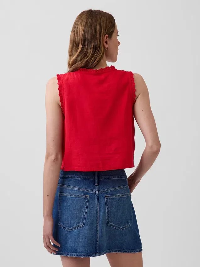 Débardeur court brodé en mélange de lin