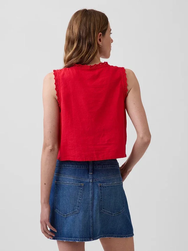 Débardeur court brodé en mélange de lin