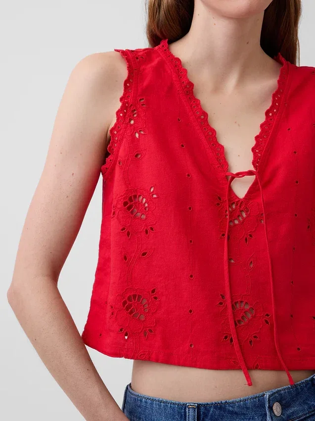 Débardeur court brodé en mélange de lin