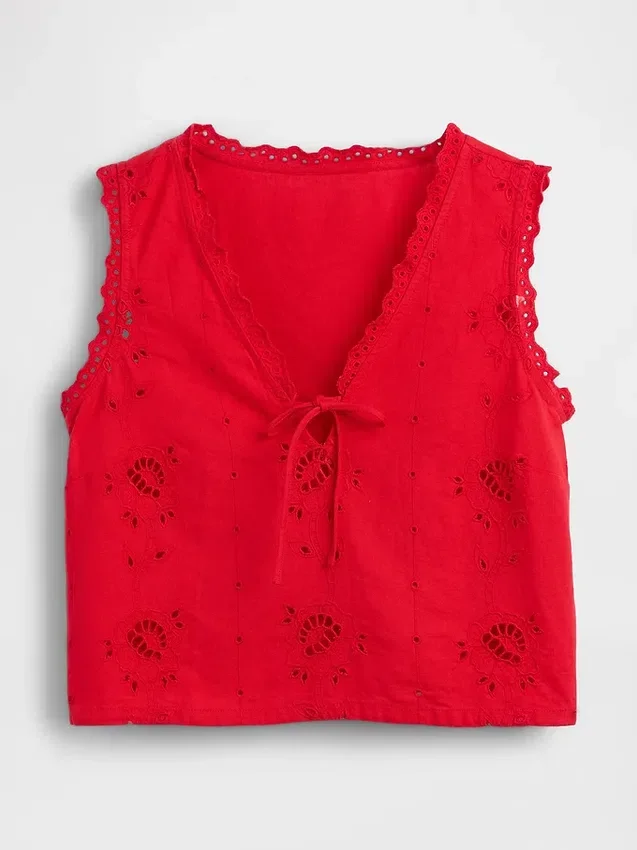 Débardeur court brodé en mélange de lin