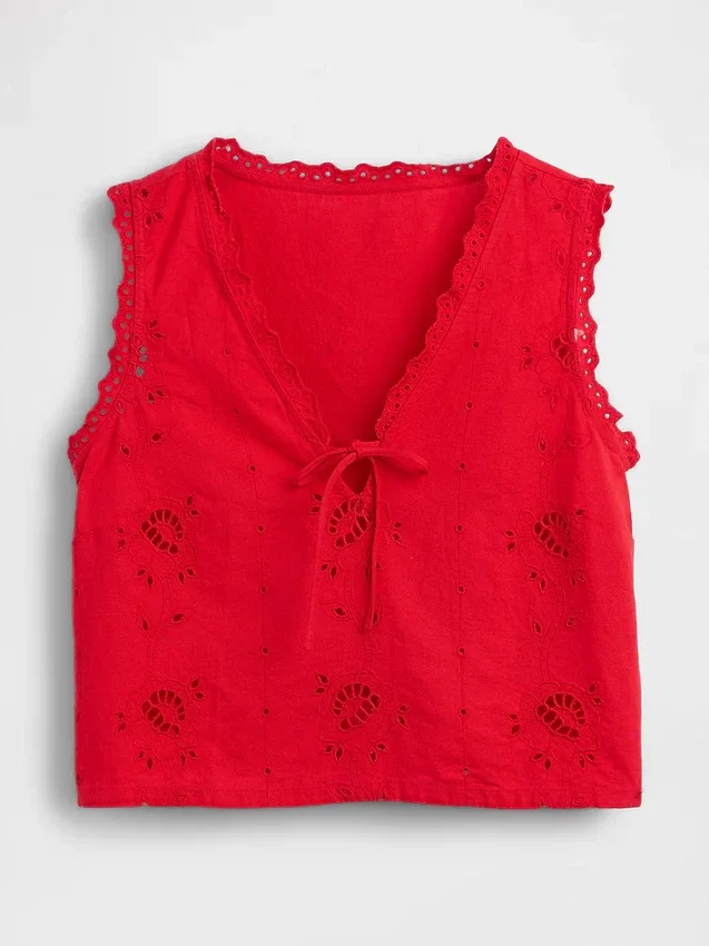 Débardeur court brodé en mélange de lin