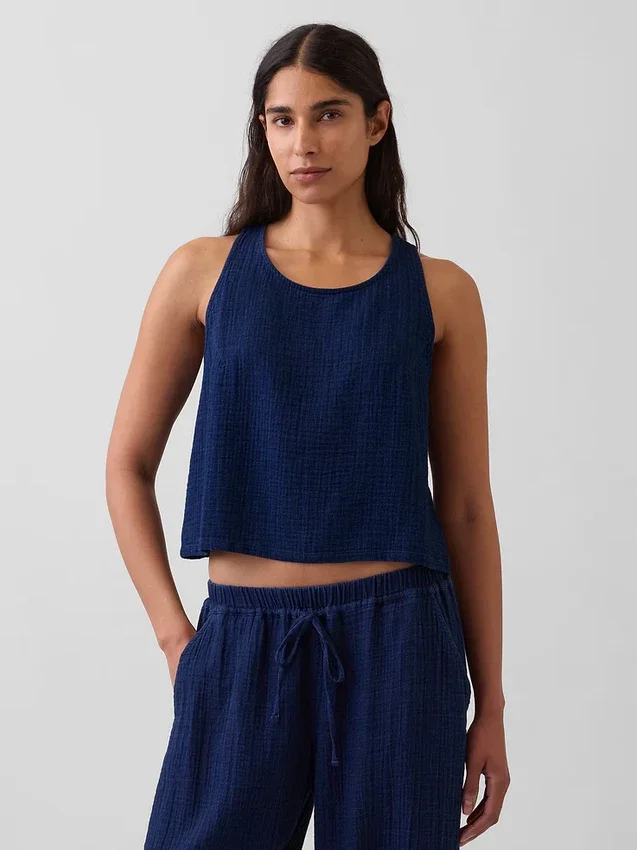 Débardeur court en denim de gaze de coton