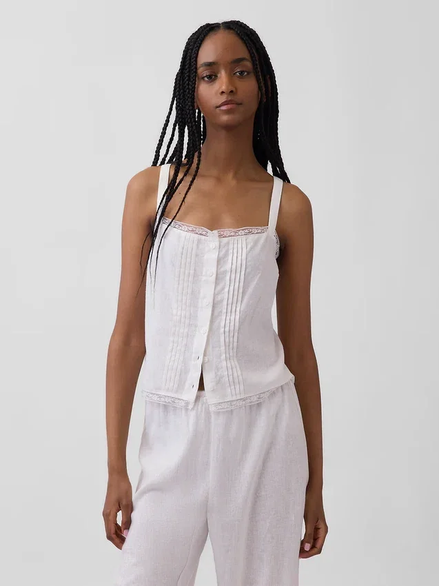 Débardeur de pyjama court à plis creux en mélange de lin