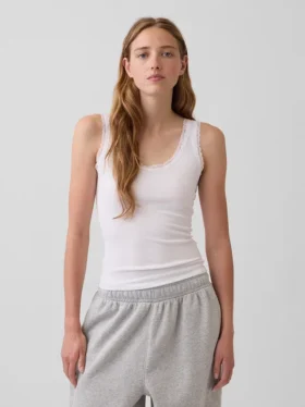 Débardeur de pyjama à fines côtes et bordure en dentelle