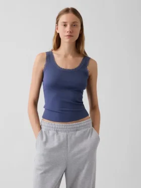 Débardeur de pyjama à fines côtes et bordure en dentelle