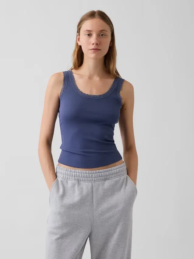 Débardeur de pyjama à fines côtes et bordure en dentelle