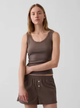 Débardeur de pyjama à fines côtes et bordure en dentelle