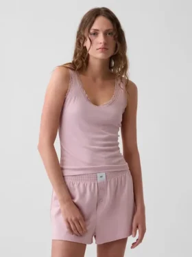 Débardeur de pyjama à fines côtes et bordure en dentelle