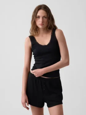 Débardeur de pyjama à fines côtes et bordure en dentelle