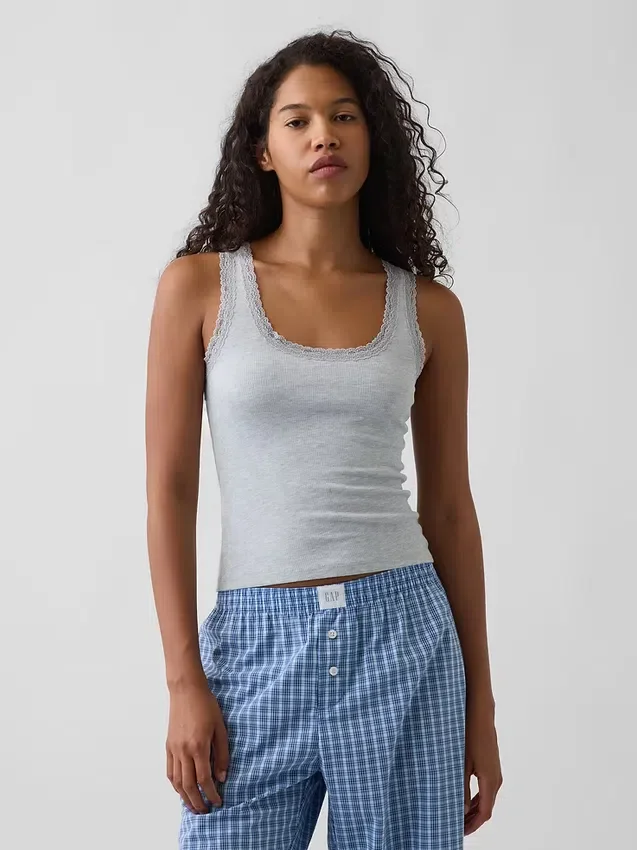 Débardeur de pyjama à fines côtes et bordure en dentelle