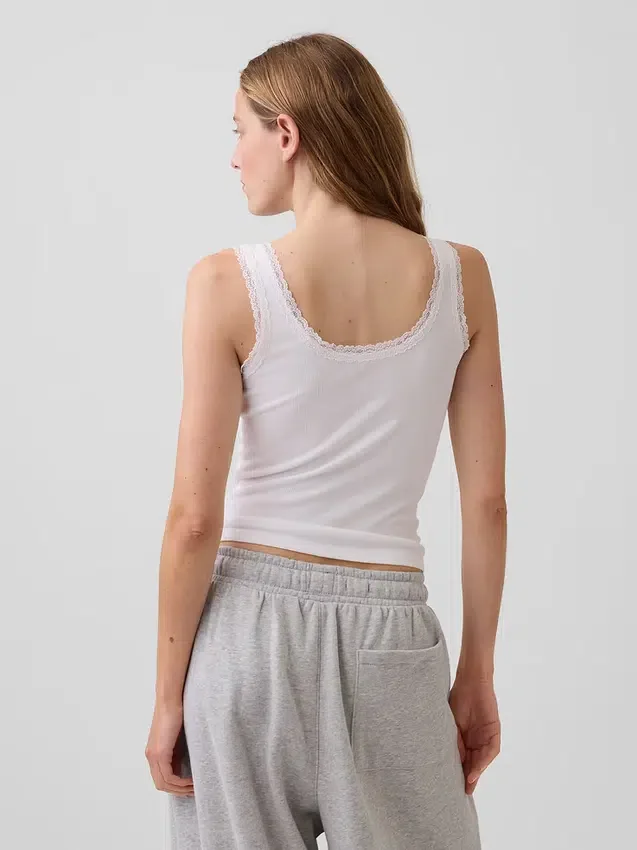 Débardeur de pyjama à fines côtes et bordure en dentelle