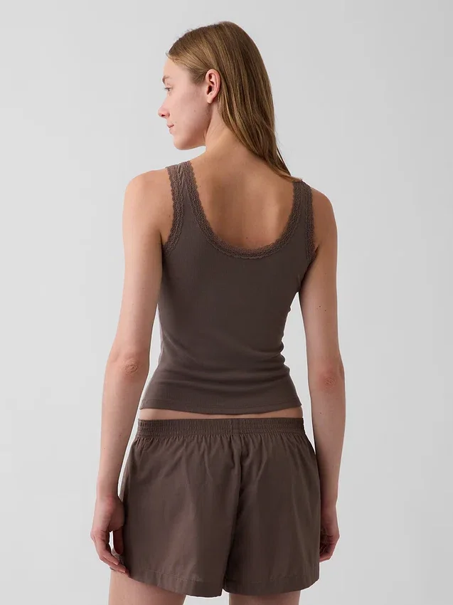 Débardeur de pyjama à fines côtes et bordure en dentelle