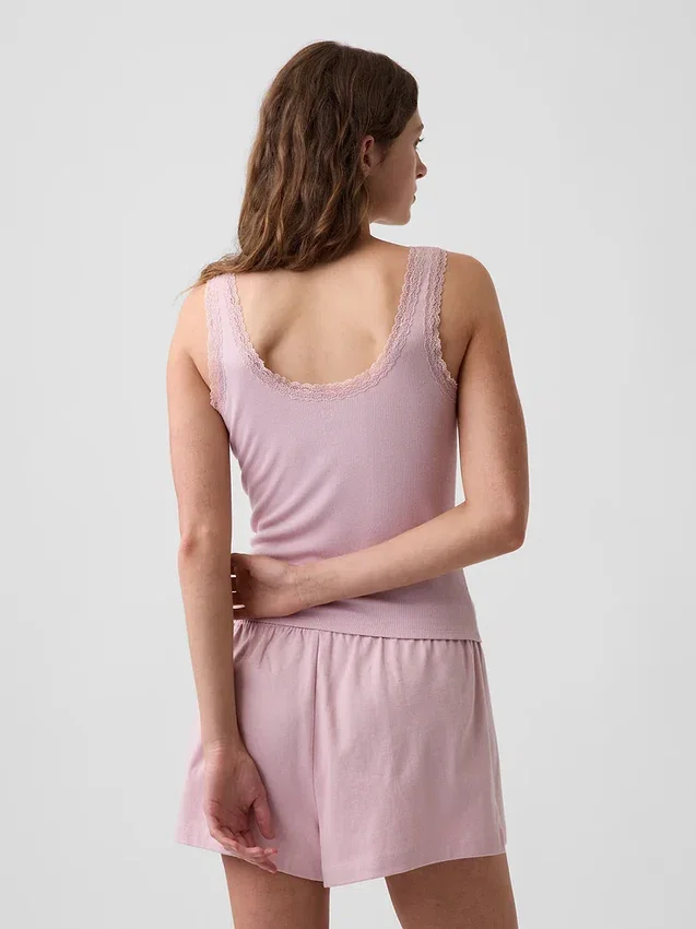 Débardeur de pyjama à fines côtes et bordure en dentelle