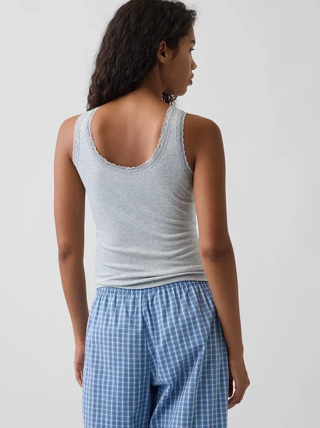 Débardeur de pyjama à fines côtes et bordure en dentelle