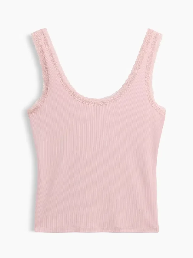 Débardeur de pyjama à fines côtes et bordure en dentelle