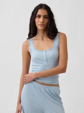 Débardeur de pyjama Henley en dentelle à mini-côtes