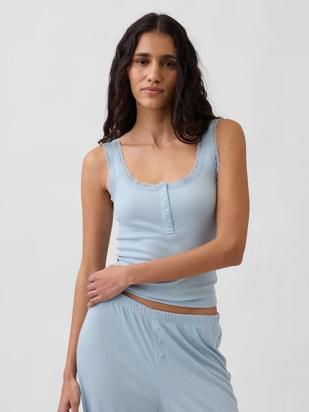 Débardeur de pyjama Henley en dentelle à mini-côtes
