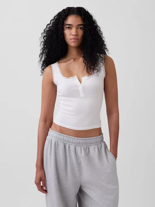 Débardeur de pyjama Henley en dentelle à mini-côtes