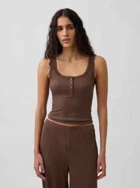 Débardeur de pyjama Henley en dentelle à mini-côtes