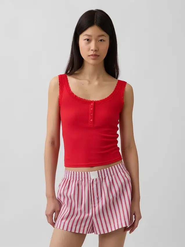 Débardeur de pyjama Henley en dentelle à mini-côtes