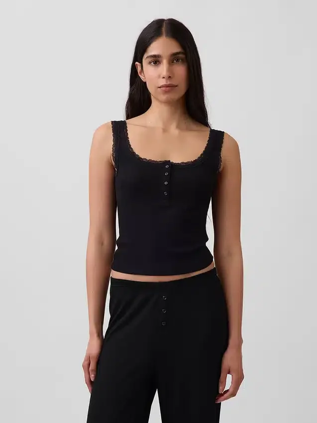 Débardeur de pyjama Henley en dentelle à mini-côtes