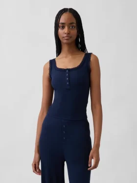 Débardeur de pyjama Henley en dentelle à mini-côtes