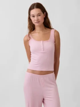 Débardeur de pyjama Henley en dentelle à mini-côtes