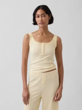 Débardeur de pyjama Henley en dentelle à mini-côtes
