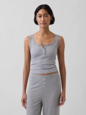 Débardeur de pyjama Henley en dentelle à mini-côtes