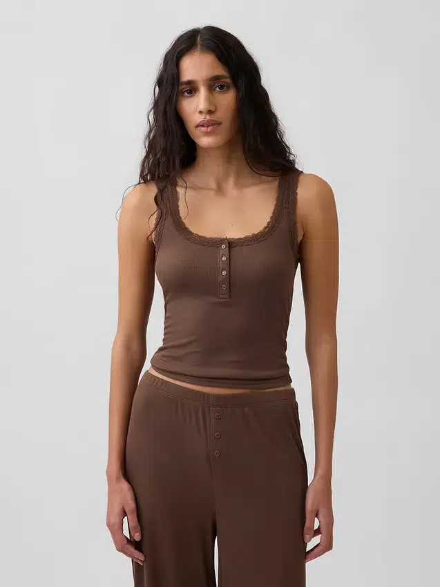 Débardeur de pyjama Henley en dentelle à mini-côtes